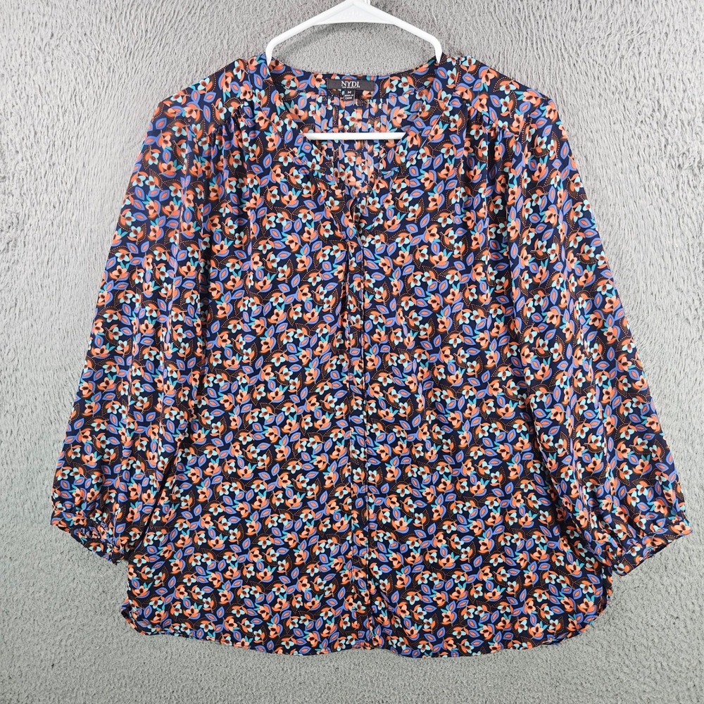 NYDJ Womens Floral Print Pleated Back Blouse Navy Orange Teal Size M